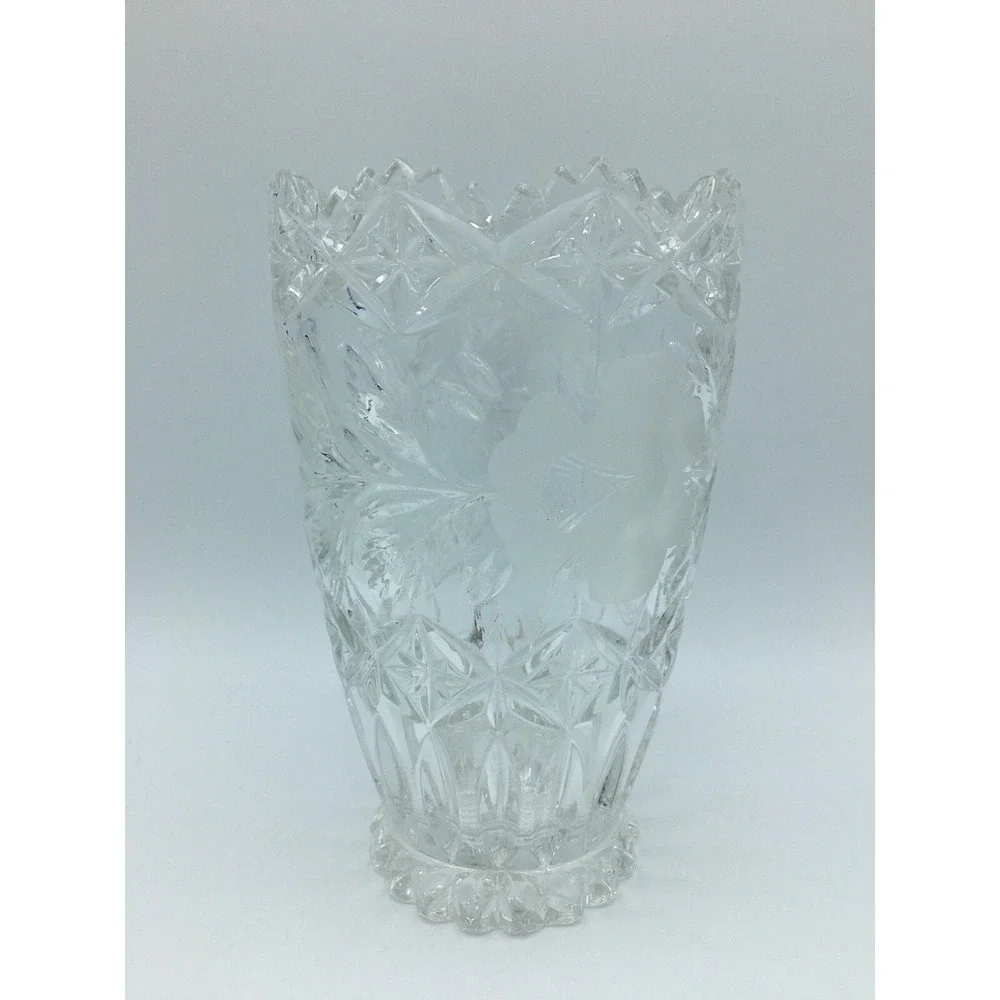 American Brilliant Cut Glass Vase Etched Rose Flowers Diamond Points 7